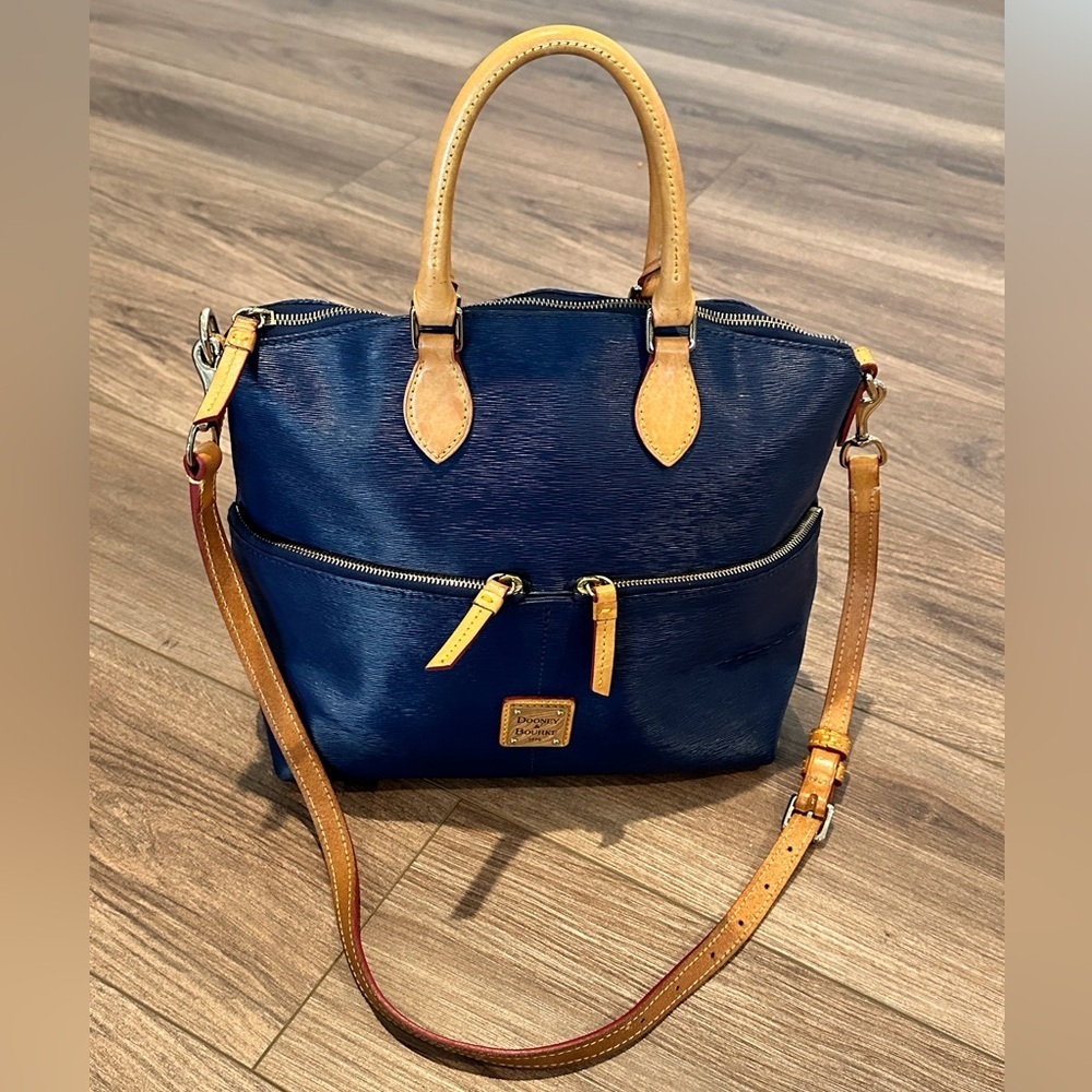 Dooney & Bourke Dillon Double Satchel Navy Purse with Red Interior & Tan Trim